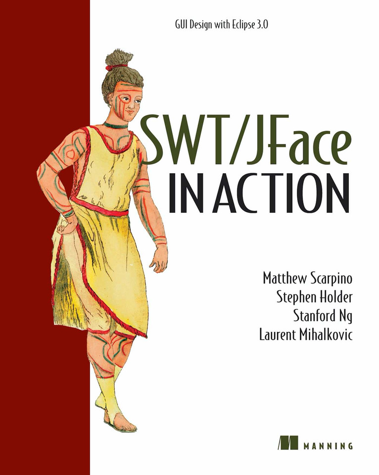 Swt/Jface in Action: GUI Design with Eclipse 3.0 (In Action) book cover by Matthew Scarpino, Stephen Holder, Stanford Ng, Laurent Mihalkovic