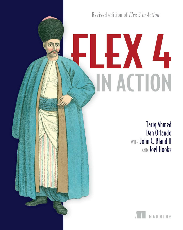 Flex 4 in Action: Revised Edition of Flex 3 in Action book cover by Tariq Ahmed, Dan Orlando, John C. Bland II, Joel Hooks