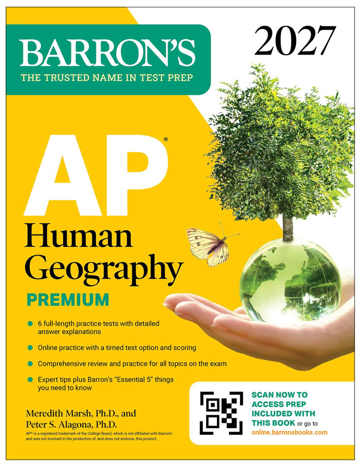 AP Human Geography Premium, 2027: Prep Book with 6 Practice Tests+ Comprehensive Review + Online Practice (Barron's AP Prep) book cover by Meredith Marsh, Peter S. Alagona