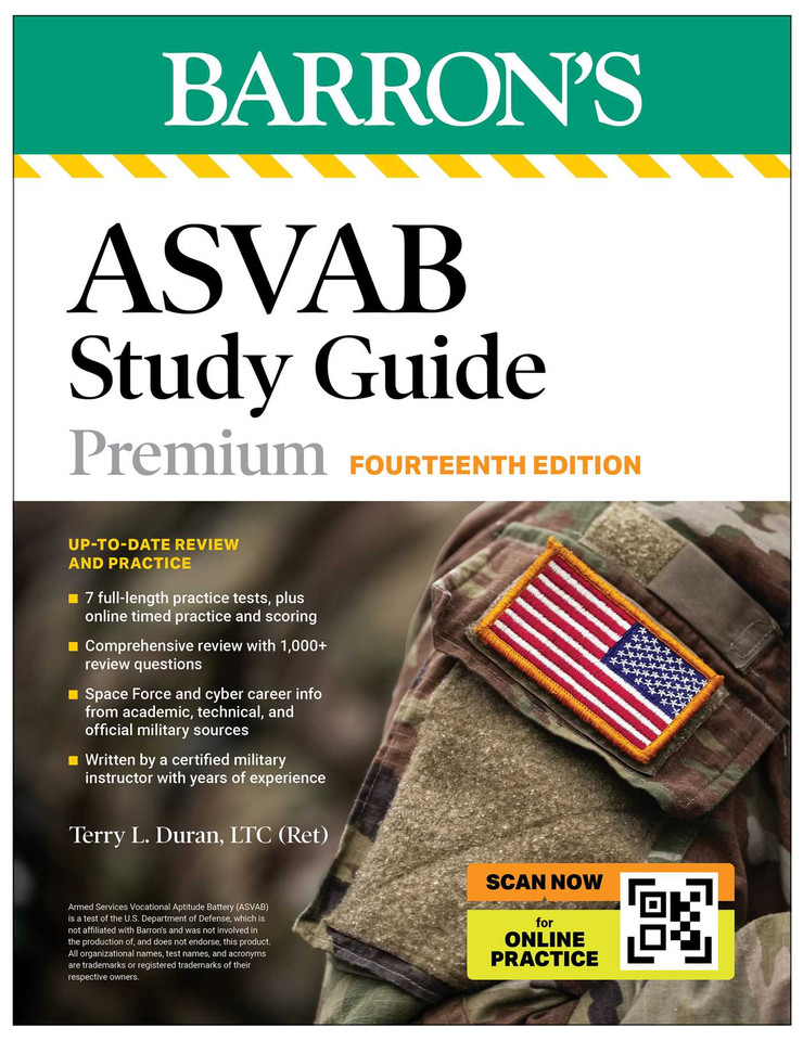 ASVAB Study Guide Premium, Fourteenth: 6 Practice Tests + Comprehensive Review + Online Practice (Barron's Test Prep) (Barron's Test Prep) book cover by Terry L. Duran