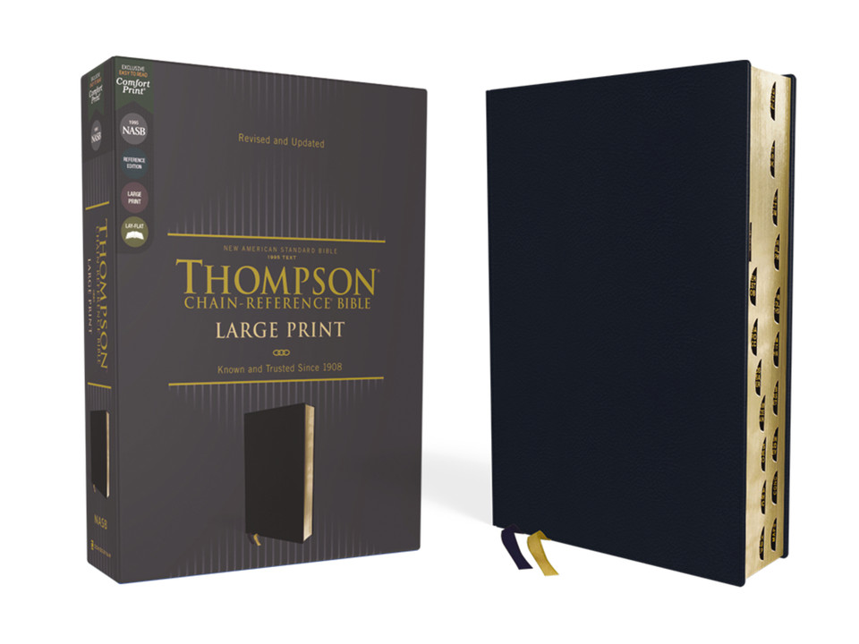 NASB, Thompson Chain-Reference Bible, Large Print, Leathersoft, Navy, 1995 Text, Red Letter, Thumb Indexed, Comfort Print book cover by Zondervan