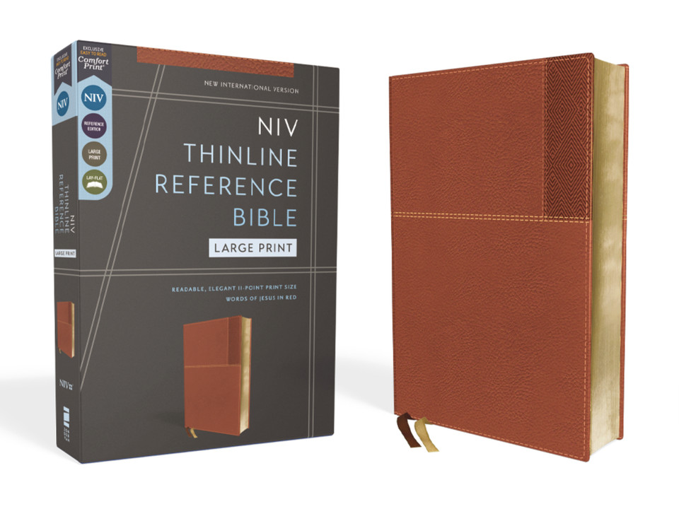 NIV, Thinline Reference Bible (Deep Study at a Portable Size), Large Print, Leathersoft, Brown, Red Letter, Comfort Print book cover by Zondervan