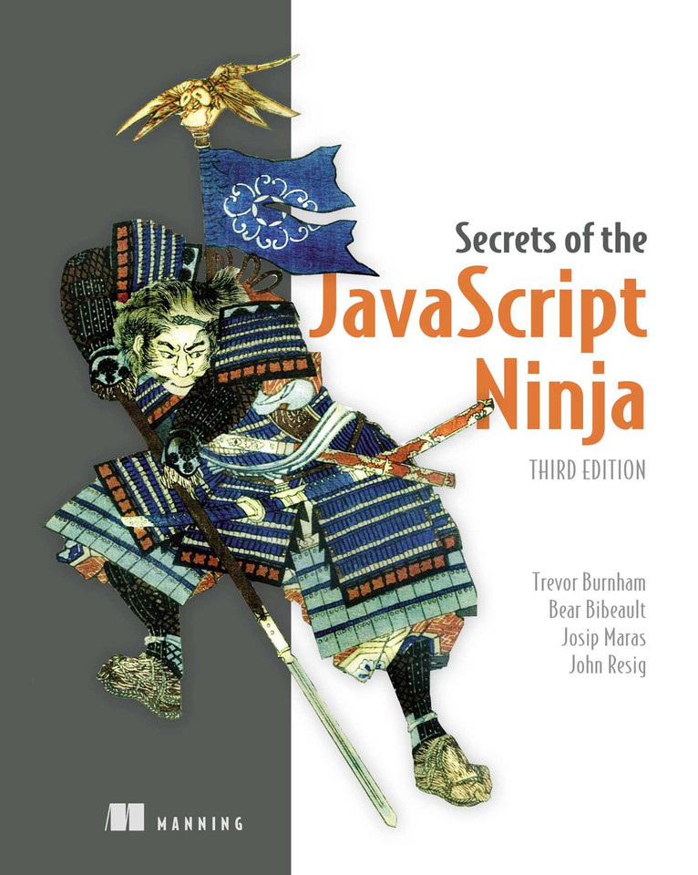 Secrets of the JavaScript Ninja, Third Edition book cover by Trevor Burnham, Bear Bibeault, Josip Maras, John Resig