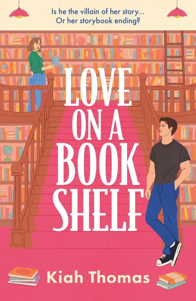 Love on a Bookshelf: A cosy bookshop is the setting for a meet-cute in this enemies-to-lovers romance book cover by Kiah Thomas