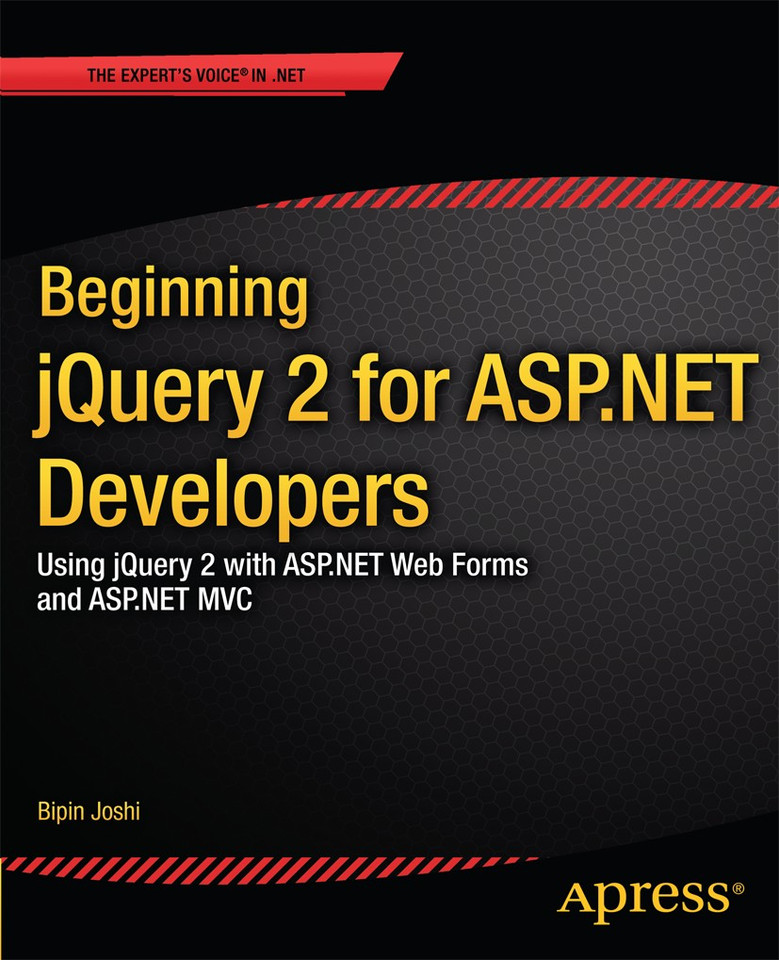 Beginning jQuery 2 for ASP.NET Developers: Using jQuery 2 with ASP.NET Web Forms and ASP.NET MVC book cover by Bipin Joshi