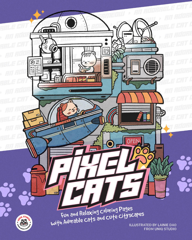 Pixel Cats: Fun and Relaxing Coloring Pages with Adorable Cats and Cute Cityscapes book cover by Lainie Dao