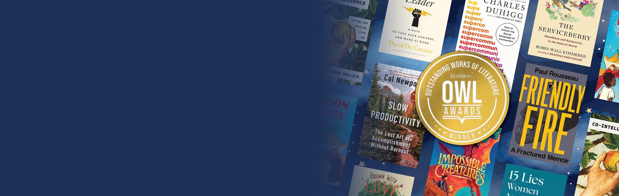 A collage of OWL Award-winning book covers with the gold OWL Awards winner seal