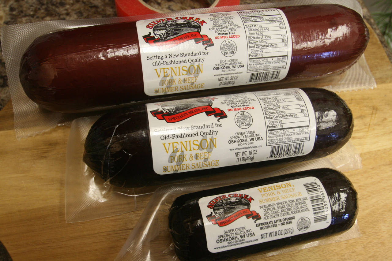 Silver Creek Venison Summer Sausage available in 8 oz,  1 lbs, and 2 lbs. 