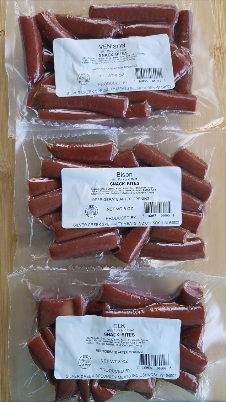 Elk and Venison snack bites available in 8 oz sizes too.