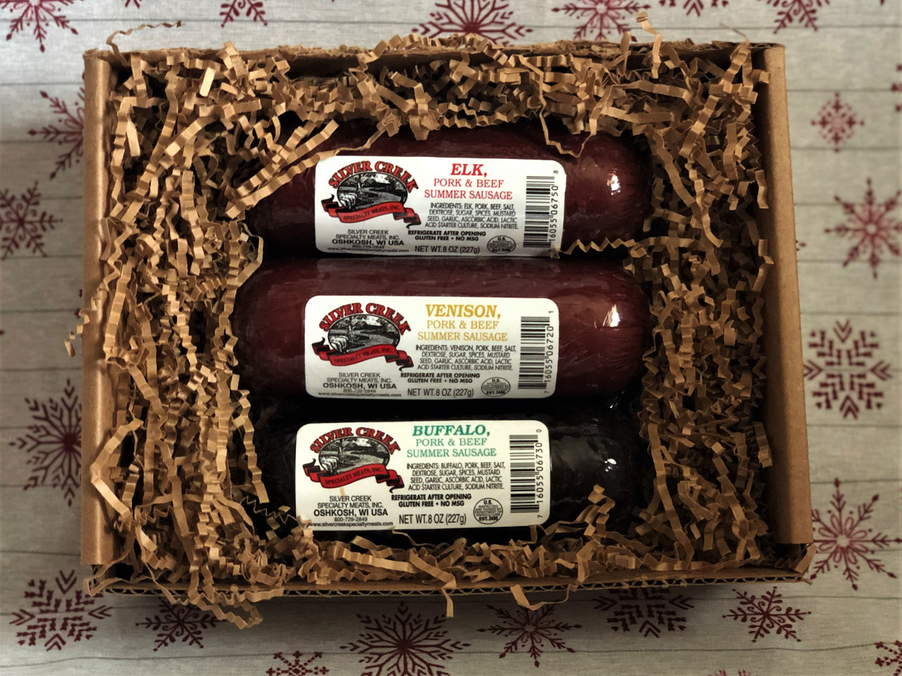 Silver Creek Wild Game Summer Sausage Sampler
Elk, Venison & Buffalo all in an 8 oz size - perfect cracker toppers!