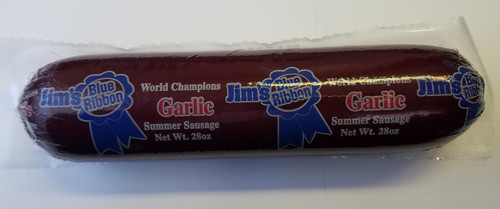 Award winning Jim's Blue Ribbon Garlic Summer Sausage in 28 oz size. 