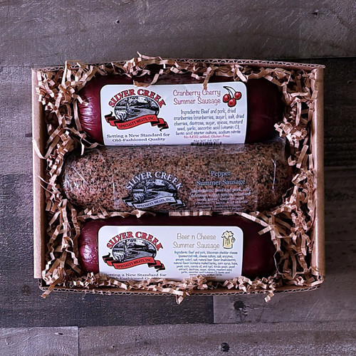 Silver Creek Specialty Summer Sausage Sampler
Cranberry Cherry ~ Cracked Black Pepper ~ Beer N Cheese all in a 14 oz size