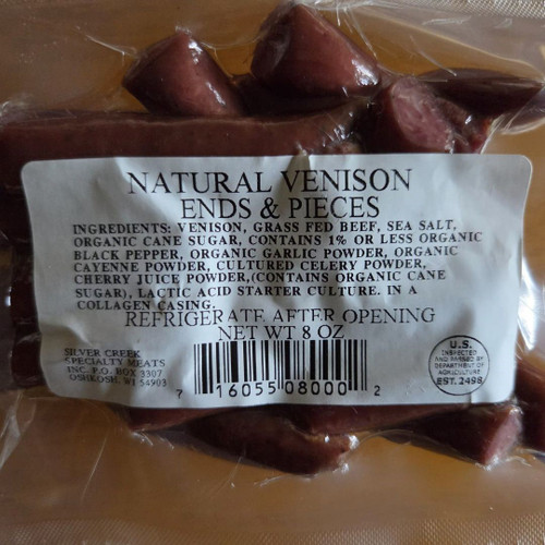 8 oz of  our venison and beef blend in irregular shapes and sizes for your snacking enjoyment.
