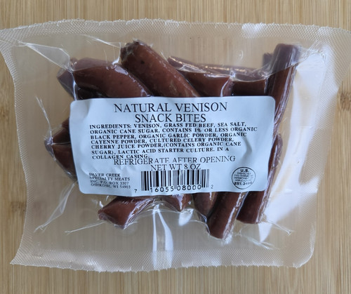 8 oz of  our venison and beef blend in irregular shapes and sizes for your snacking enjoyment.