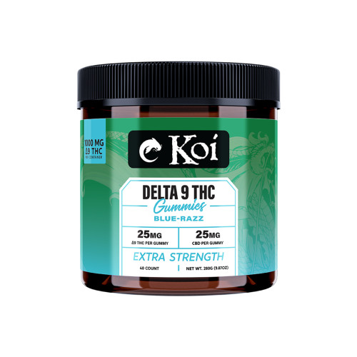 Product Description KOI EXTRA STRENGTH DELTA 9 BLUE RAZZ GUMMIES 25MG D9/25MG CBD EACH 20CT
Discover unparalleled relaxation with Koi’s new Extra Strength Delta 9 THC Gummies, your go-to for achieving deep calm, heightened euphoria, and an exceptionally elevated experience. 
Crafted for those who seek to disconnect from daily stresses, these potent gummies provide a consistent and legal way to enhance your well-being. With a 1:1 ratio of 25mg Delta 9 and 25mg CBD, each gummy melts away stress, delivering smooth, long-lasting relaxation - perfect for unwinding after a long day.
Experience the potent, mood-enhancing benefits and quick, reliable delivery that ensures your relaxation is never far away. Embrace the next level of calm and euphoria with Extra Strength Delta 9 THC Gummies—your gateway to deeper connections, better sleep, and unprecedented relaxation. Peace, joy, and tranquility are just a gummy away.