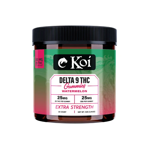 Product Description KOI EXTRA STRENGTH DELTA 9 WATERMELON GUMMIES 25MG D9/25MG CBD EACH 20CT

Discover unparalleled relaxation with Koi’s new Extra Strength Delta 9 THC Gummies, your go-to for achieving deep calm, heightened euphoria, and an exceptionally elevated experience. 

Crafted for those who seek to disconnect from daily stresses, these potent gummies provide a consistent and legal way to enhance your well-being. With a 1:1 ratio of 25mg Delta 9 and 25mg CBD, each gummy melts away stress, delivering smooth, long-lasting relaxation - perfect for unwinding after a long day.

Experience the potent, mood-enhancing benefits and quick, reliable delivery that ensures your relaxation is never far away. Embrace the next level of calm and euphoria with Extra Strength Delta 9 THC Gummies—your gateway to deeper connections, better sleep, and unprecedented relaxation. Peace, joy, and tranquility are just a gummy away.