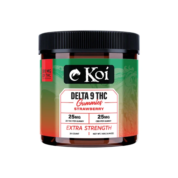 KOI EXTRA STRENGTH DELTA 9 STRAWBERRY GUMMIES 25MG D9/25MG CBD EACH 20CT

Discover unparalleled relaxation with Koi’s new Extra Strength Delta 9 THC Gummies, your go-to for achieving deep calm, heightened euphoria, and an exceptionally elevated experience. 

Crafted for those who seek to disconnect from daily stresses, these potent gummies provide a consistent and legal way to enhance your well-being. With a 1:1 ratio of 25mg Delta 9 and 25mg CBD, each gummy melts away stress, delivering smooth, long-lasting relaxation - perfect for unwinding after a long day.

Experience the potent, mood-enhancing benefits and quick, reliable delivery that ensures your relaxation is never far away. Embrace the next level of calm and euphoria with Extra Strength Delta 9 THC Gummies—your gateway to deeper connections, better sleep, and unprecedented relaxation. Peace, joy, and tranquility are just a gummy away.