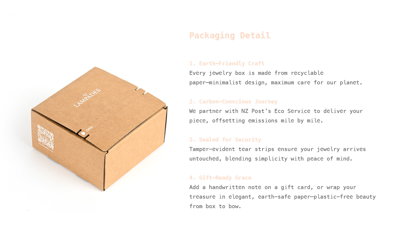 LAMPADES recyclable paper jewelry box opened on white background, showcasing minimalist eco-packaging. QR code and 'OPEN' label visible. Text details: Earth-friendly craft, carbon-neutral shipping via NZ Post, security seals, and plastic-free gift options.