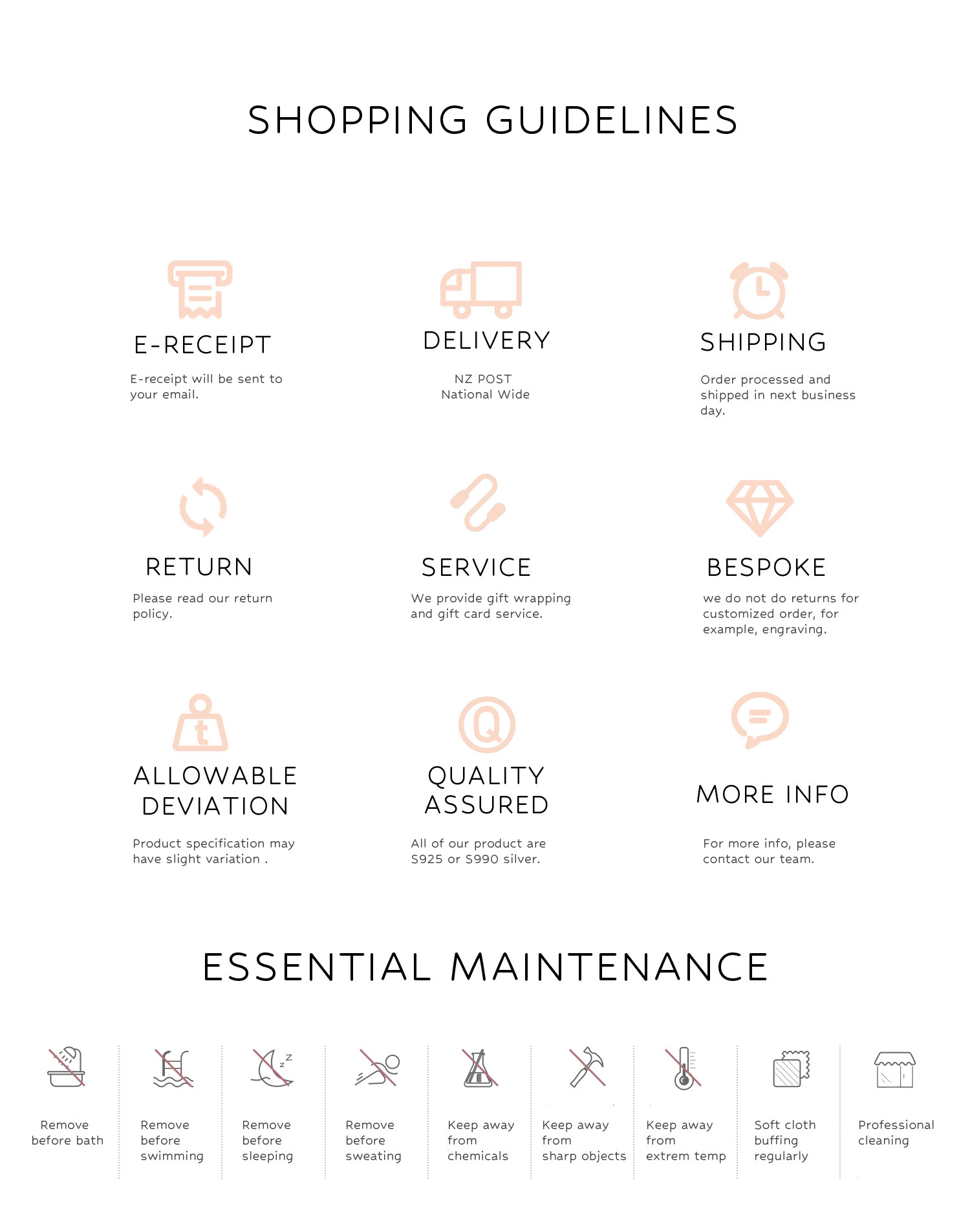 Shopping guide: E-receipts, NZ-wide delivery via NZ Post, next-day shipping. Return policy, gift services, no returns for custom orders. Essential jewelry care icons: Remove when bathing/swimming/sleeping, avoid chemicals/temperature extremes, regular polishing.