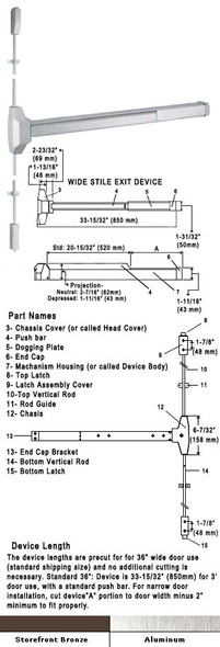 Fire Rated Surface Rod Panic Exit Device 36" (5530F-US28-36) Specs