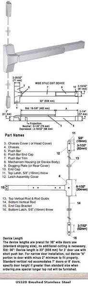 Grade 1 Fire Rated Surface Rod Panic Exit Device Finish 36" 8830F-36 Specs