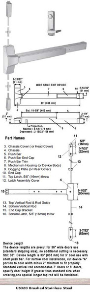 Grade 1 Surface Rod Panic Exit Device W/Locking Lever Trim US32D 36"