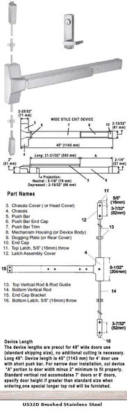 Grade 1 Surface Rod Panic Exit Device W/Locking Lever Trim US32D 48"
