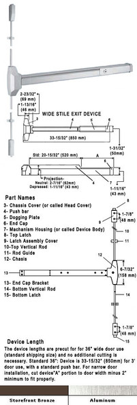 Standard Surface Rod Panic Exit Device 36"