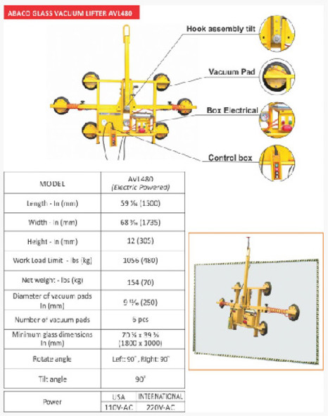 Abaco AVL480 Electric Glass Vacuum Lifter (AVL480_110V-B)
