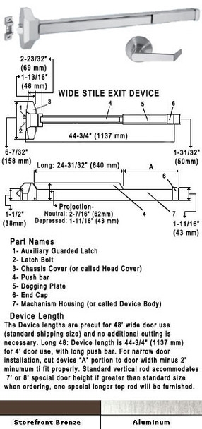 Fire Rated Push Bar Rim Panic Exit Device With Rose Trim 48" Specs