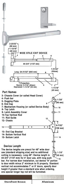 Fire Rated Surface Rod Panic Exit Device With Locking Lever Trim 48"