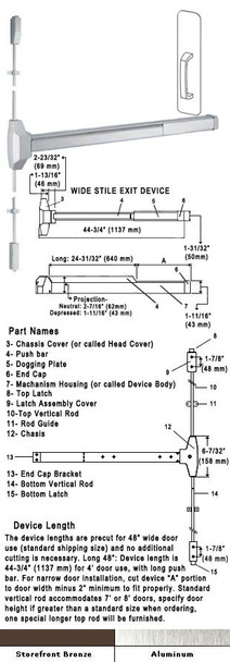 Fire Rated Surface Rod Panic Exit Device With Pull Plate 48" Specs