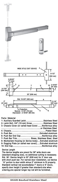 Grade 1 Fire Rated Commercial Concealed Vertical Rod Panic Exit Door Hardware w/ Locking Lever Trim 8850F-36