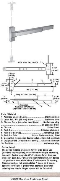 Grade 1 Fire Rated Commercial Concealed Vertical Rod Panic Exit Door Hardware