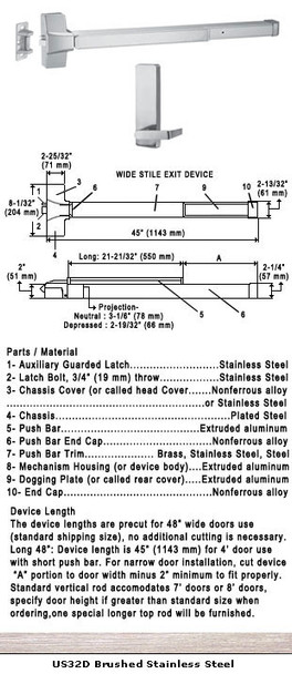 Grade 1 Fire Rated Push Bar Rim Panic Device W/HD Lever Trim US32D 48"