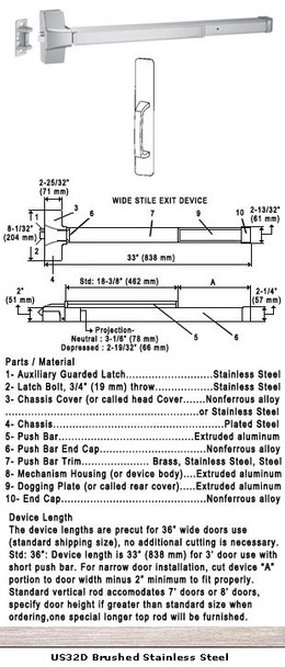 Grade 1 Fire Rated Push Bar Rim Panic With Pull Trim US32D 36"