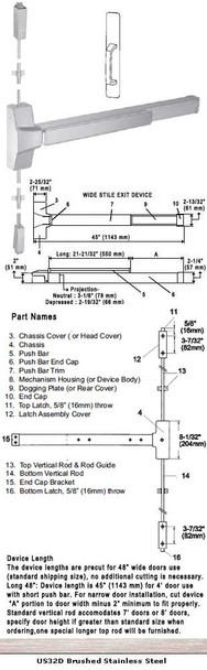 Grade 1 Fire Rated Surface Mount Vertical Rod Panic Exit Door Hardware w/ Pull Trim 48" (8830F-48)