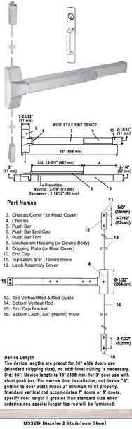 Grade 1 Surface Rod Panic Push Bar With Cylinder Pull Plate Trim US32D 36"