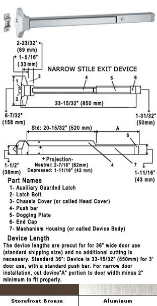 Narrow Stile Design Push Bar Rim Panic Exit Device