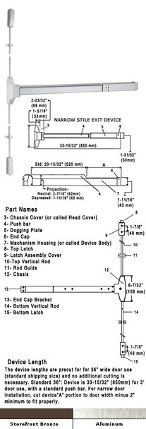 Narrow Stile Design Surface Rod Panic Exit Device 36"