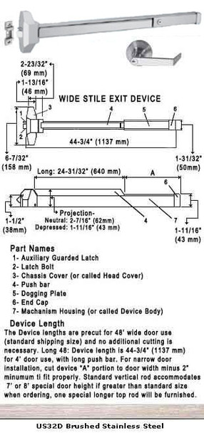 Standard Push Bar Rim Panic Exit Device With Lock Rose Trim US32D 48"