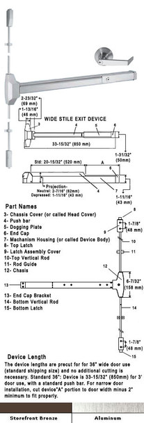 Standard Surface Rod Panic Exit Device With Locking Rose Trim 36"