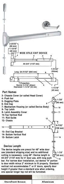Standard Surface Rod Panic Exit Device With Locking Rose Trim 48"