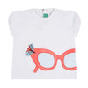 front view of FEFE cotton jersey girls T-shirt, contrasting applications, pink glasses and ladybug, embroidered detailing, solid round collar, short sleeves, back button closure