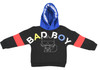 front view of karl lagerfeld kids Monogrammed hoodie with Bad cat print and logo in contrasting bright colors, red stripes around the elbows, BAD BOY slogan, round neck, long sleeves, fitted-cuff sleeves.
Outer: Cotton 89%, Polyester 11%