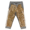 front view of Miss Grant Girls casual jersey trousers with animal print on the front. Elastic waistband with draw string
