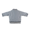 back view of Stella McCartney Kids black and white stripped cardigan with vegetable graphics. features side pockets and reversible.