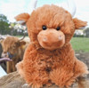 Charming plush toy of a brown Scottish Highland Cow, featuring a friendly expression and soft texture, C/E tested, suitable from birth, and easily washable for endless fun.