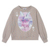 Gray sweater with cartoon rabbit design.