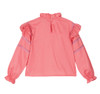 Back view of the coral pink blouse with single button fastening.